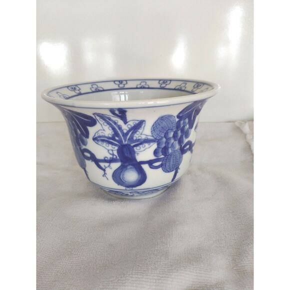 Vintage Asian Flower Pot 6" Blue and White  Hand Painted Eggplant Melons China - Picture 5 of 10